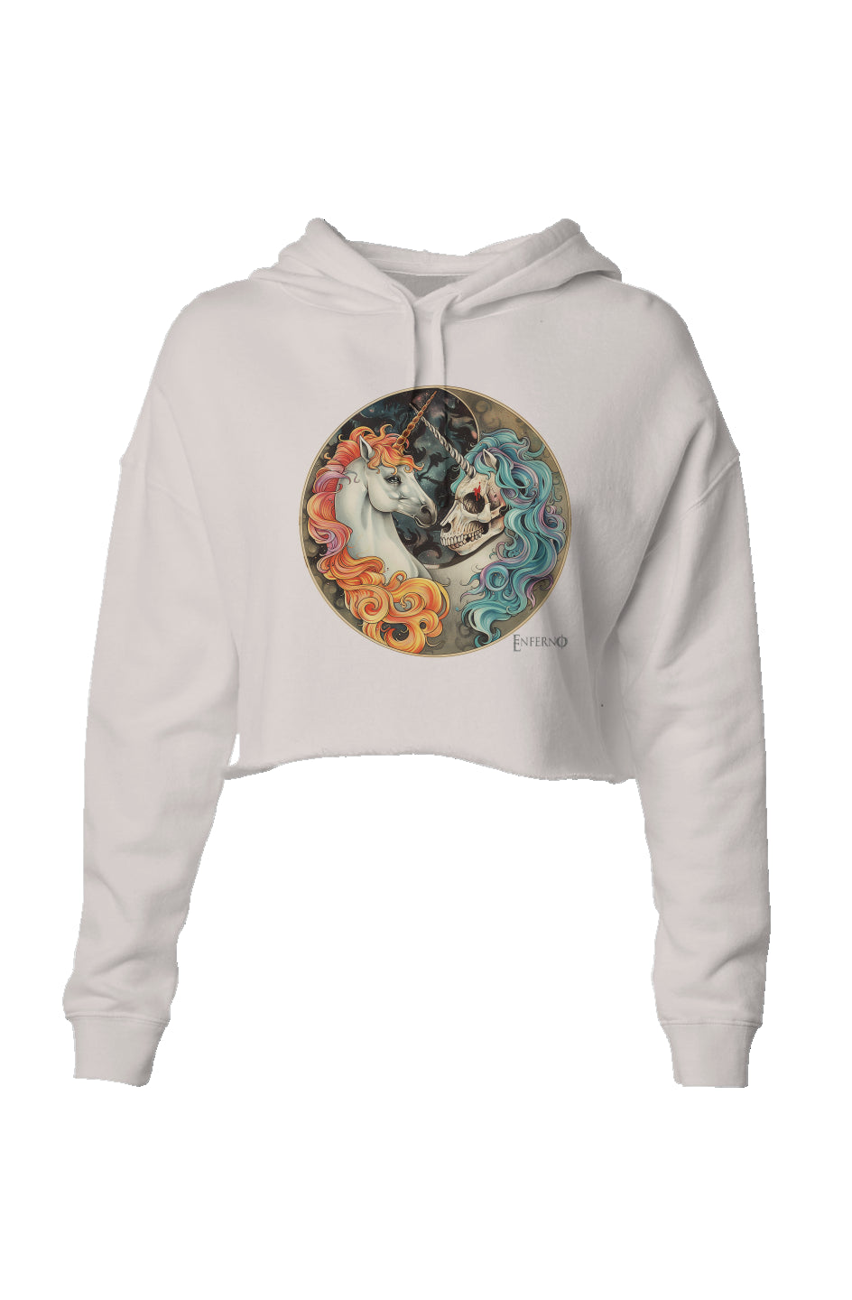 Enferno Yin-Yang Unicorn Crop Hoodie in Bone.