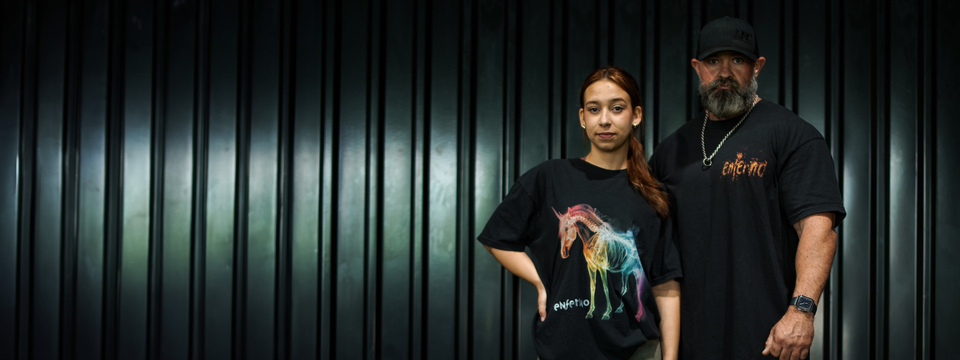 Enferno X-Ray Unicorn & Burning Skull Tees on models Madelyn & Grady.