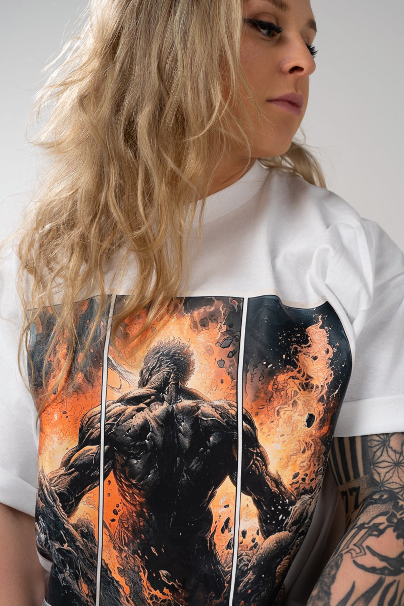Model wearing Enferno the Furnace Born Tee in White.