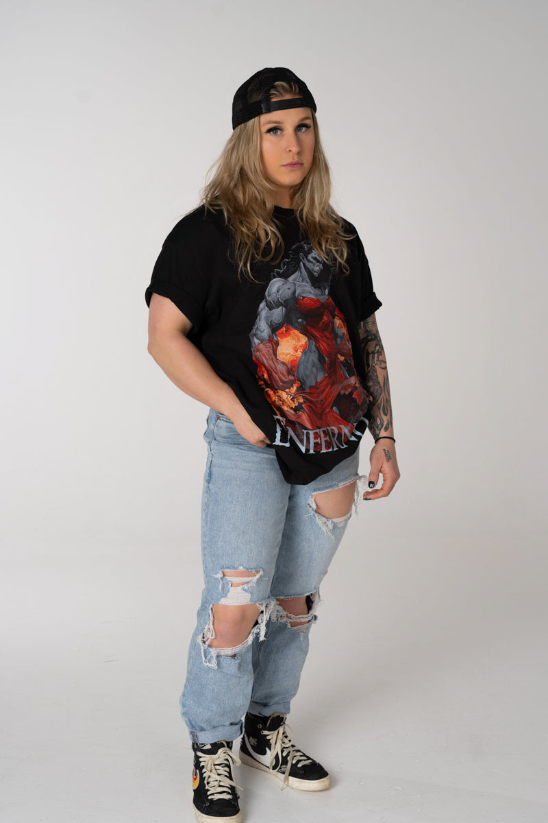 Model wearing Enferno the Crimson Catalyst Tee in Black