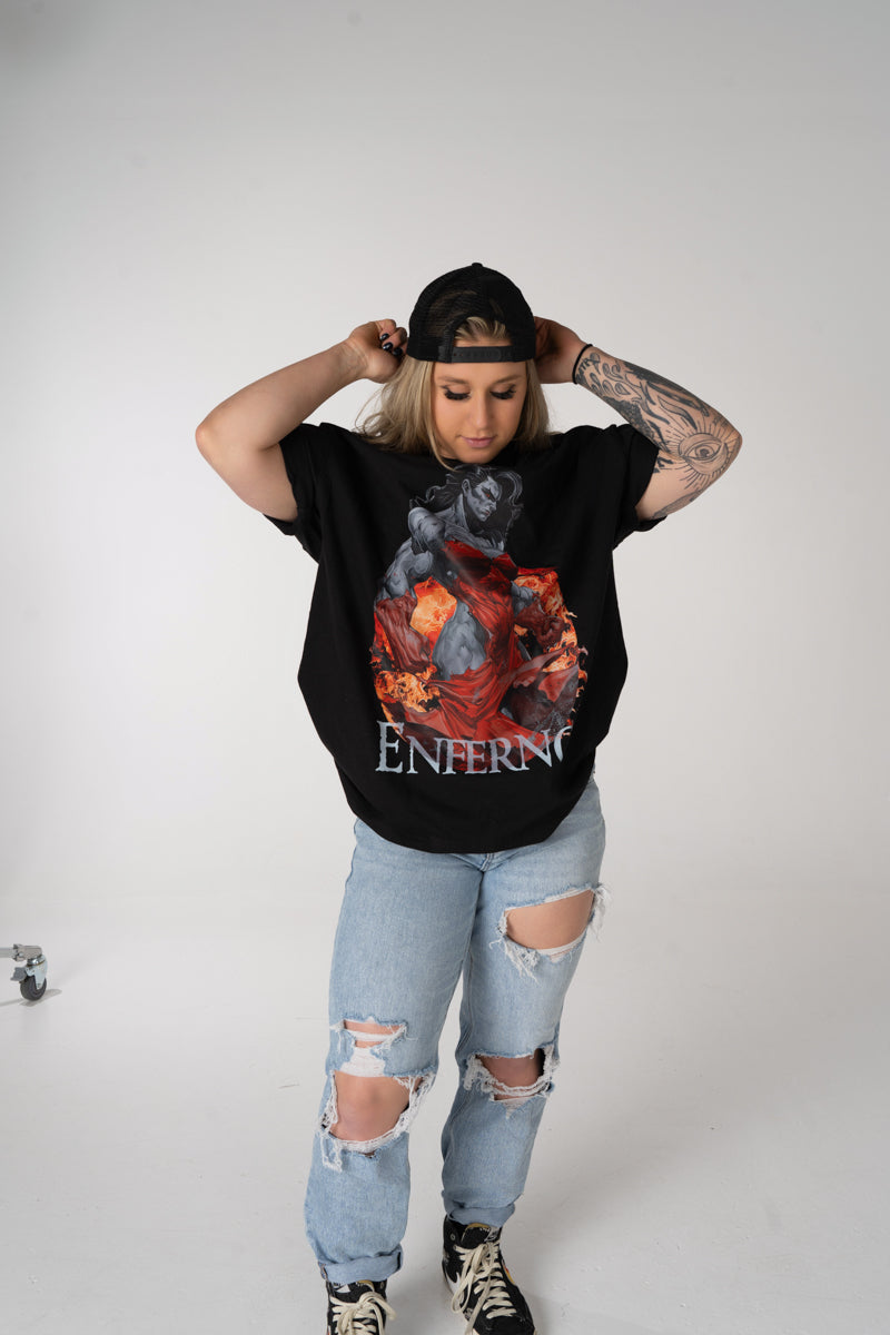 Model wearing Enferno the Crimson Catalyst Tee in Black
