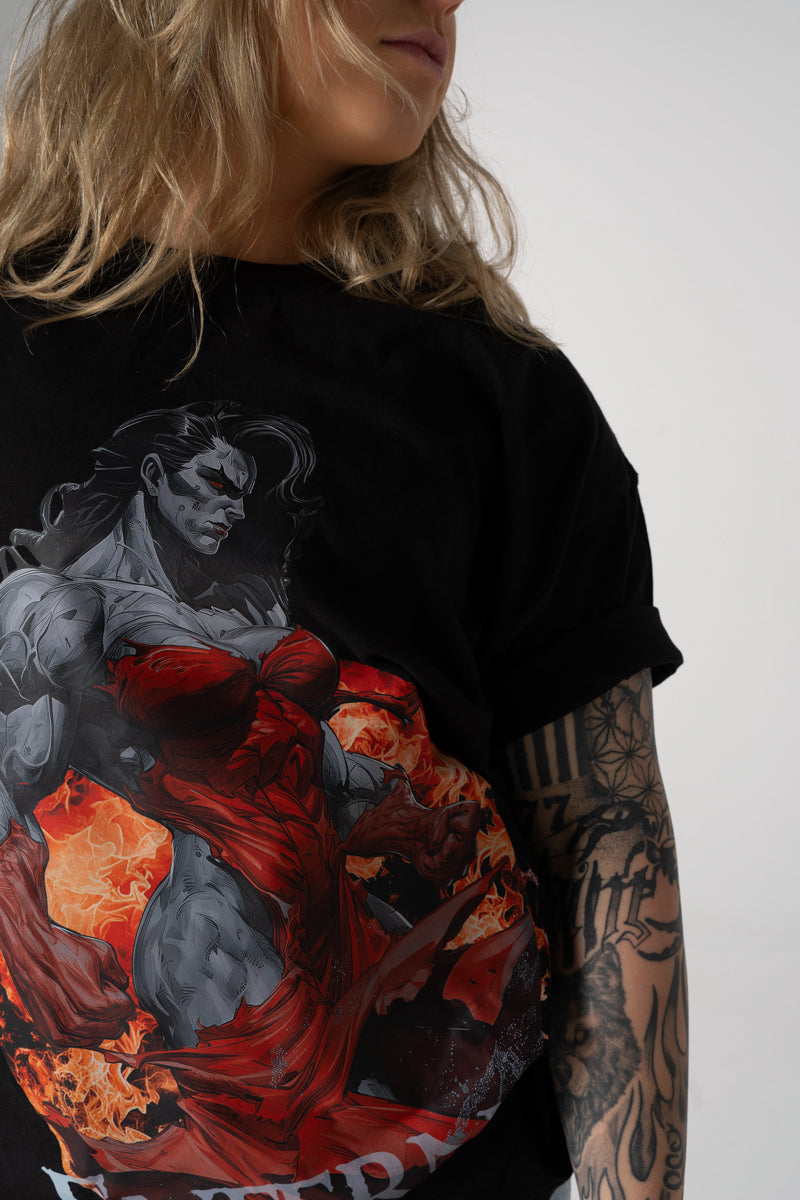Model wearing Enferno the Crimson Catalyst Tee in Black