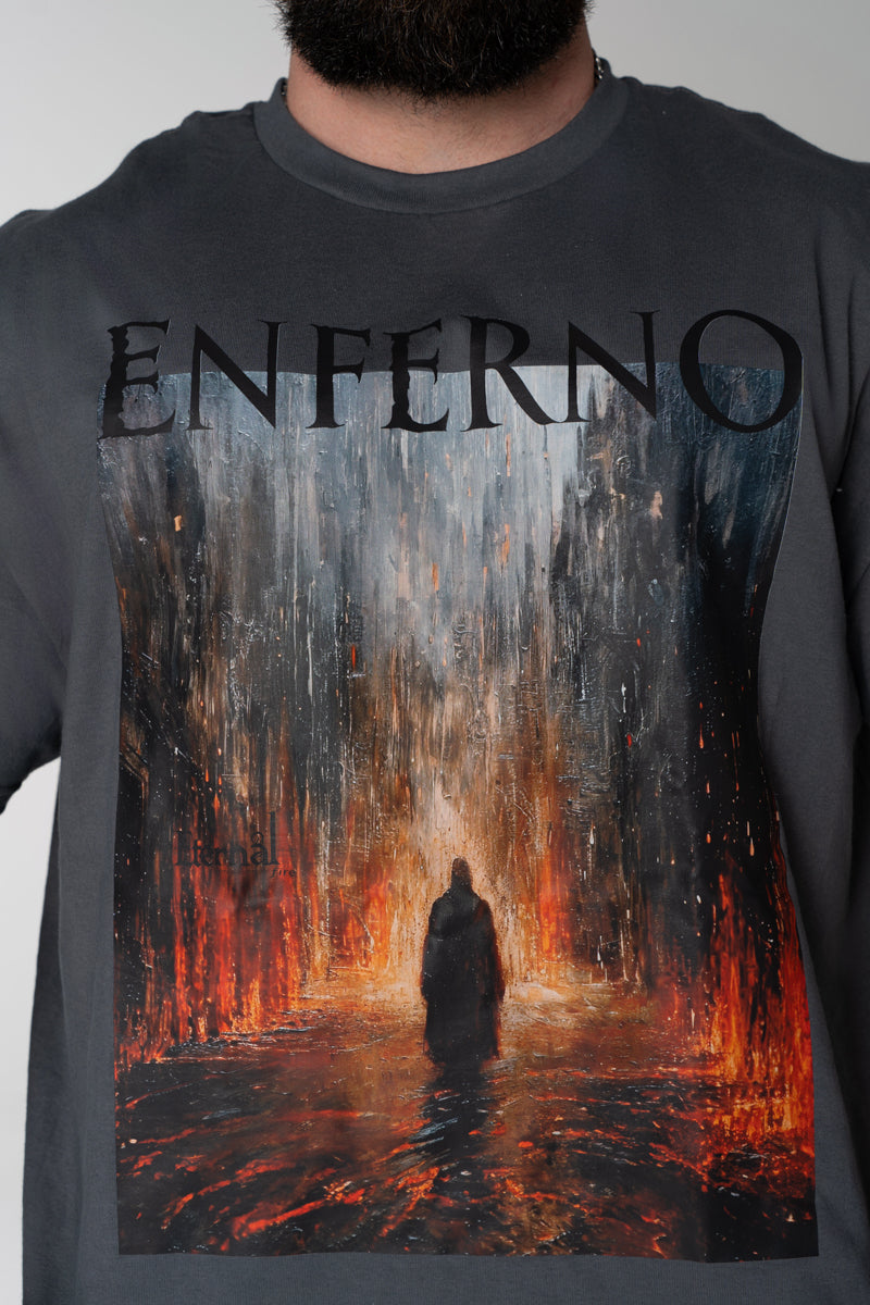 Model wearing Enter the Enferno Tee in Pepper.