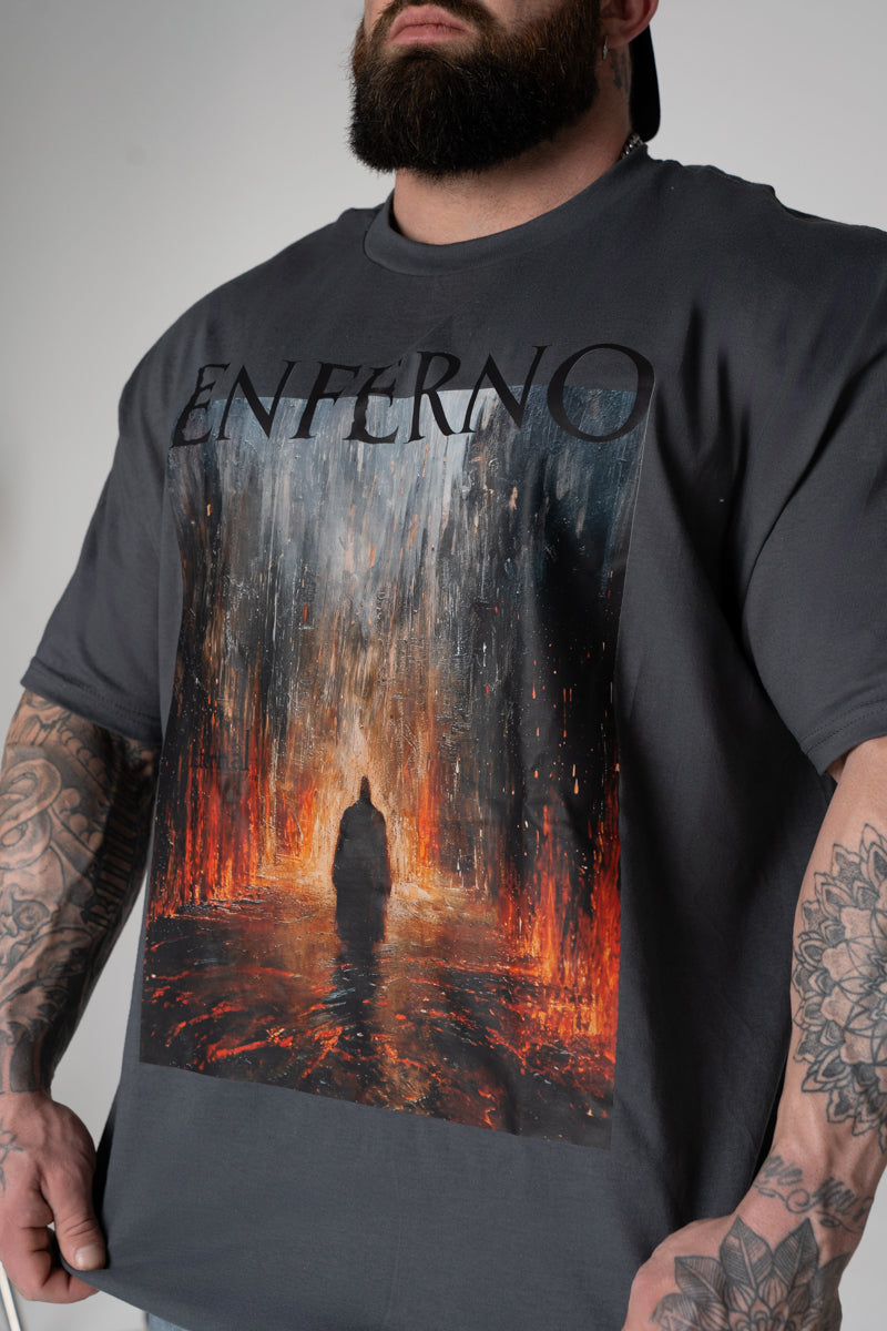 Model wearing Enter the Enferno Tee in Pepper.