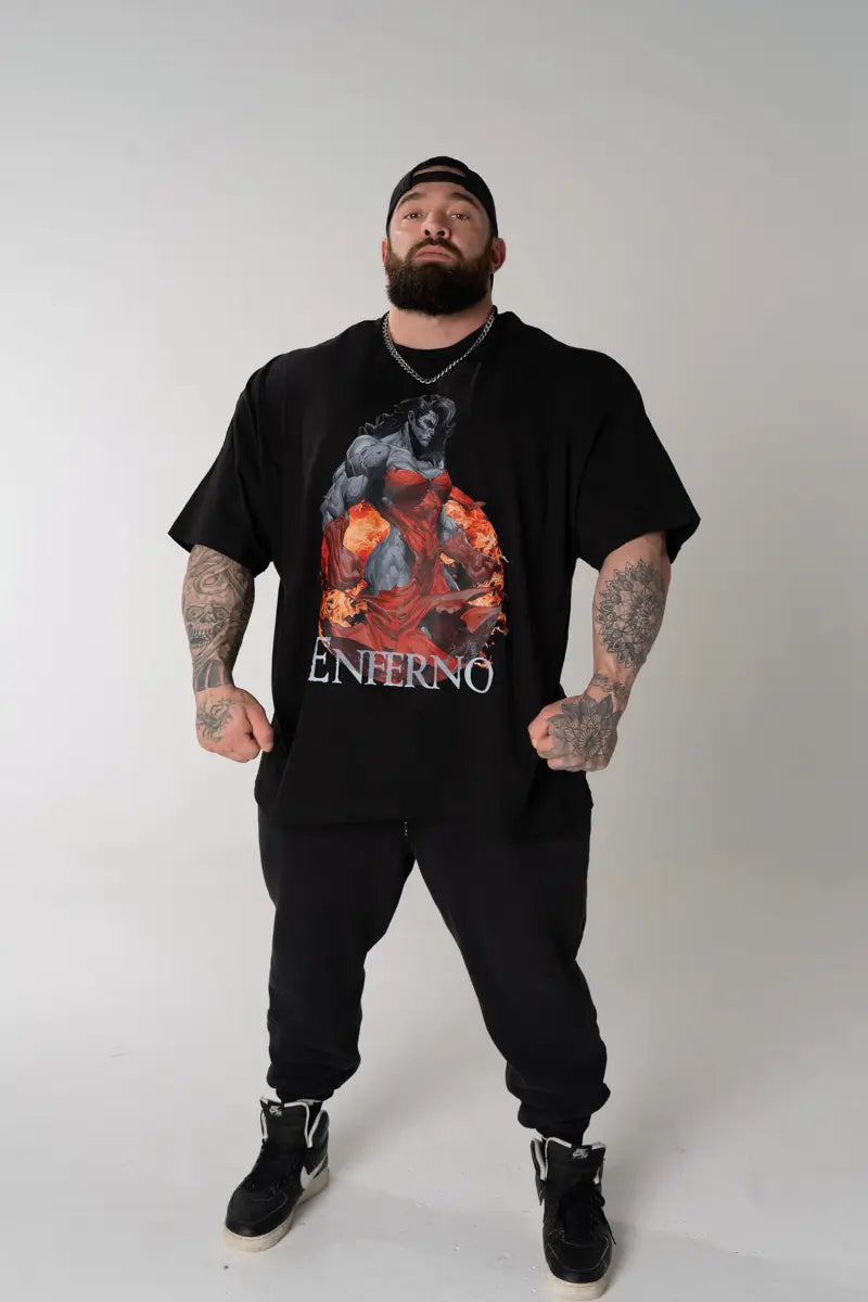 Model wearing Enferno the Crimson Catalyst Tee in Black