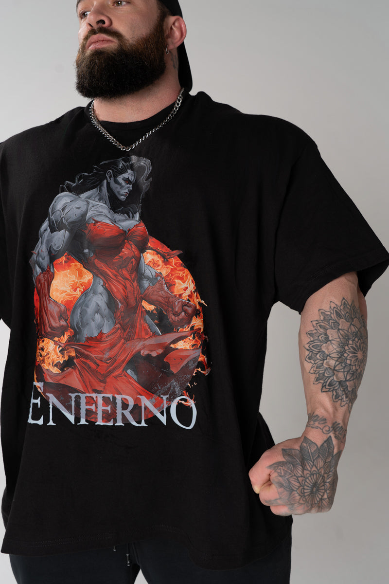 Model wearing Enferno the Crimson Catalyst Tee in Black