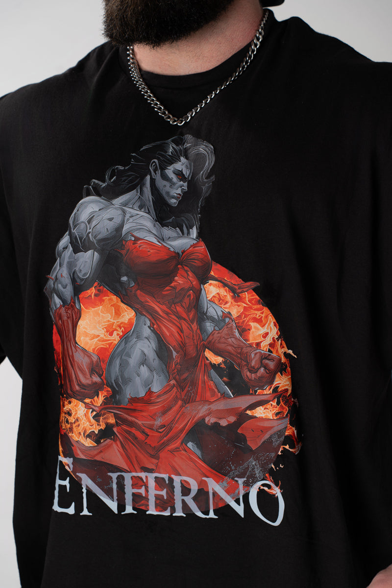 Model wearing Enferno the Crimson Catalyst Tee in Black