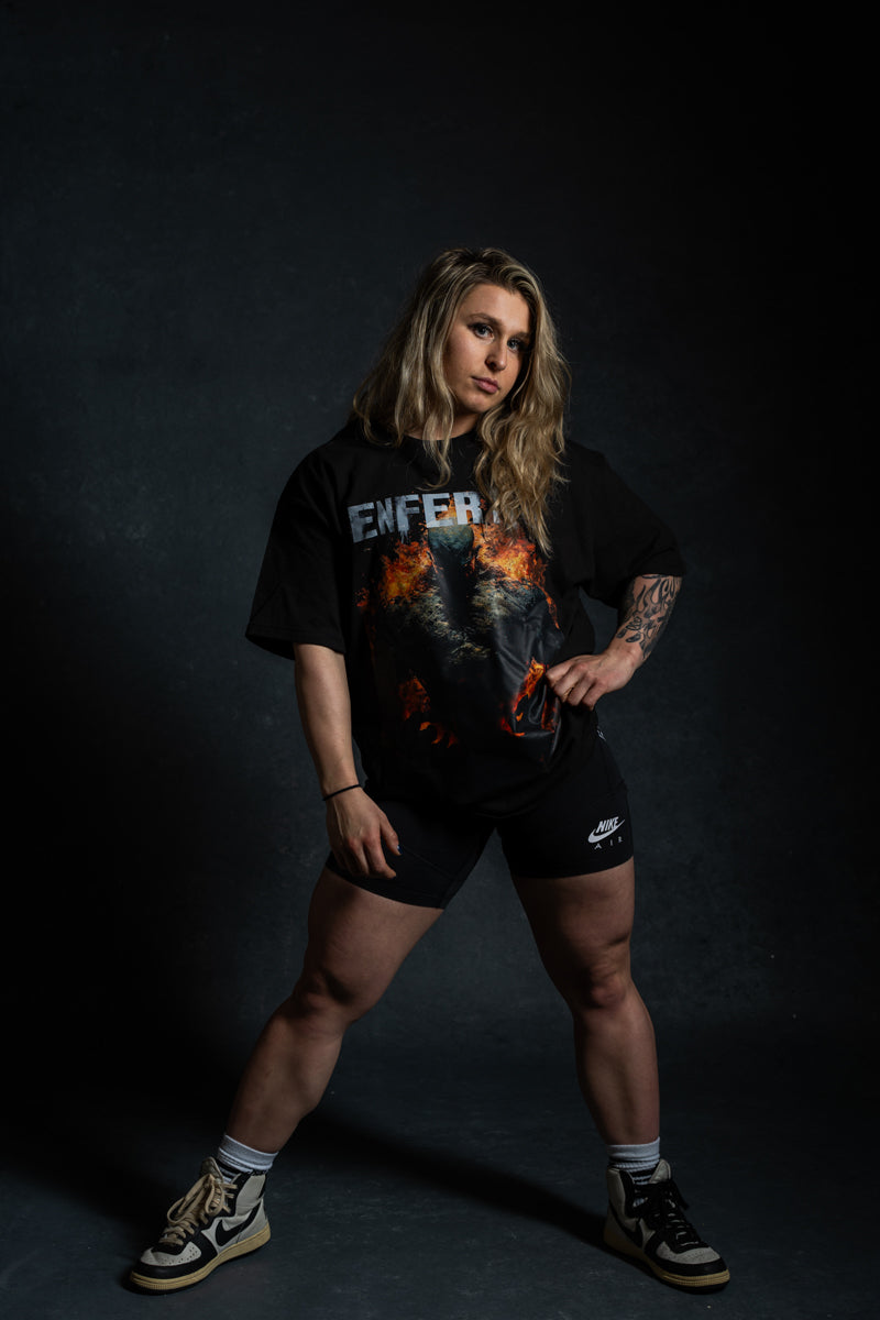 Model wearing Enferno the Fire Within Tee in Black.