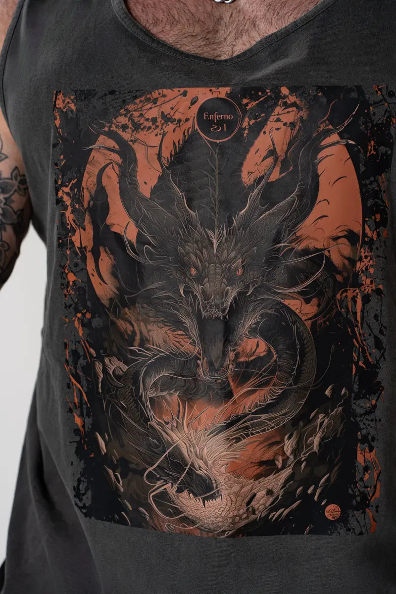 Model wearing Enferno the Dragon's Dominion Tank in Pepper.