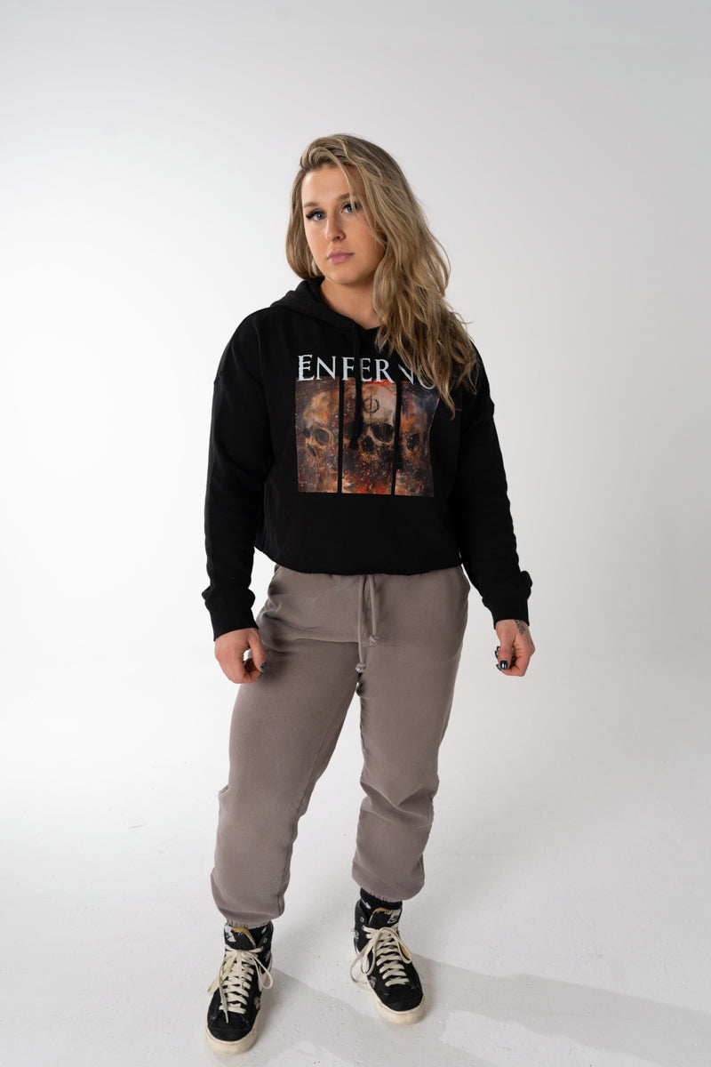 Model wearing The Enferno's Core Crop Hoodie in Black.