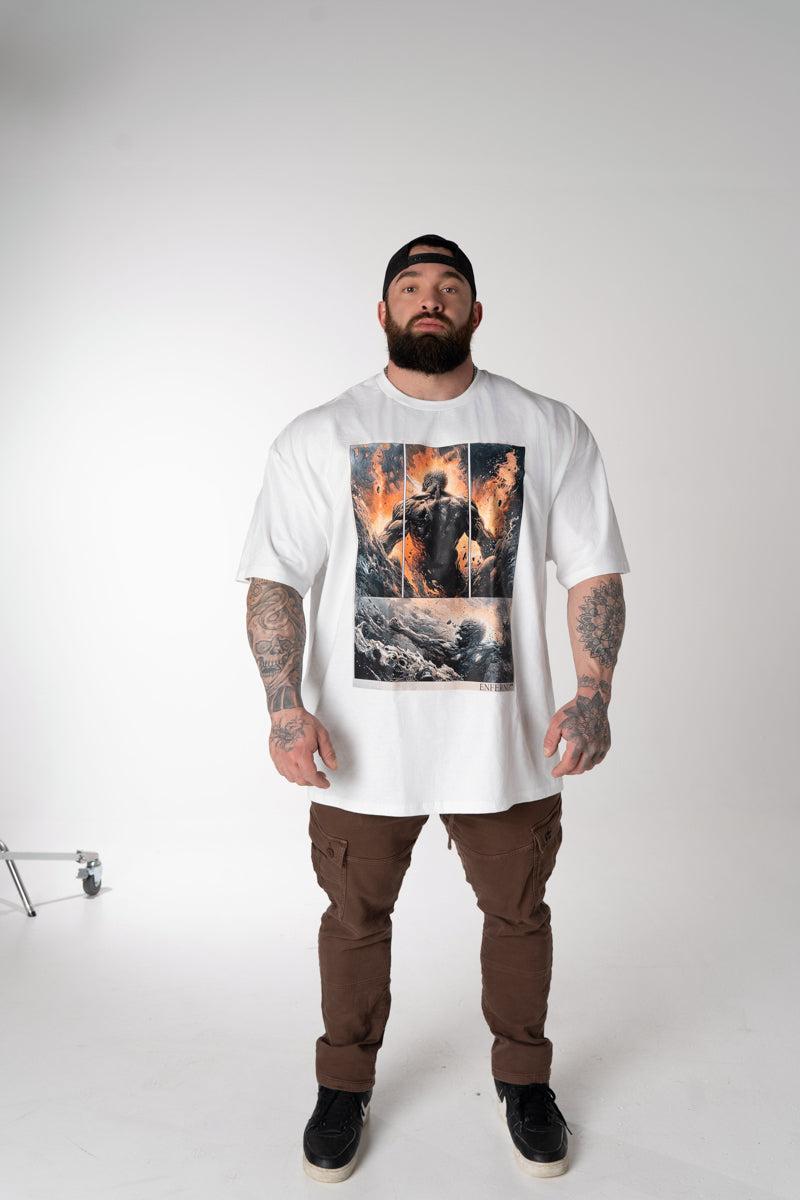 Model wearing Enferno the Furnace Born Tee in White.