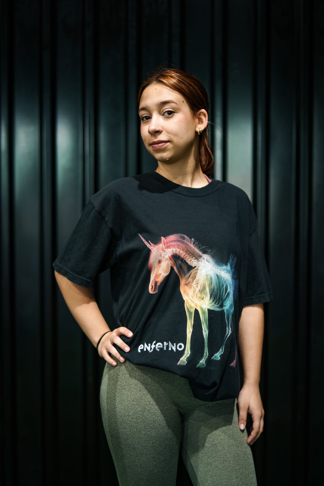 Enferno X-Ray Unicorn Tee in Black on model Madelyn.