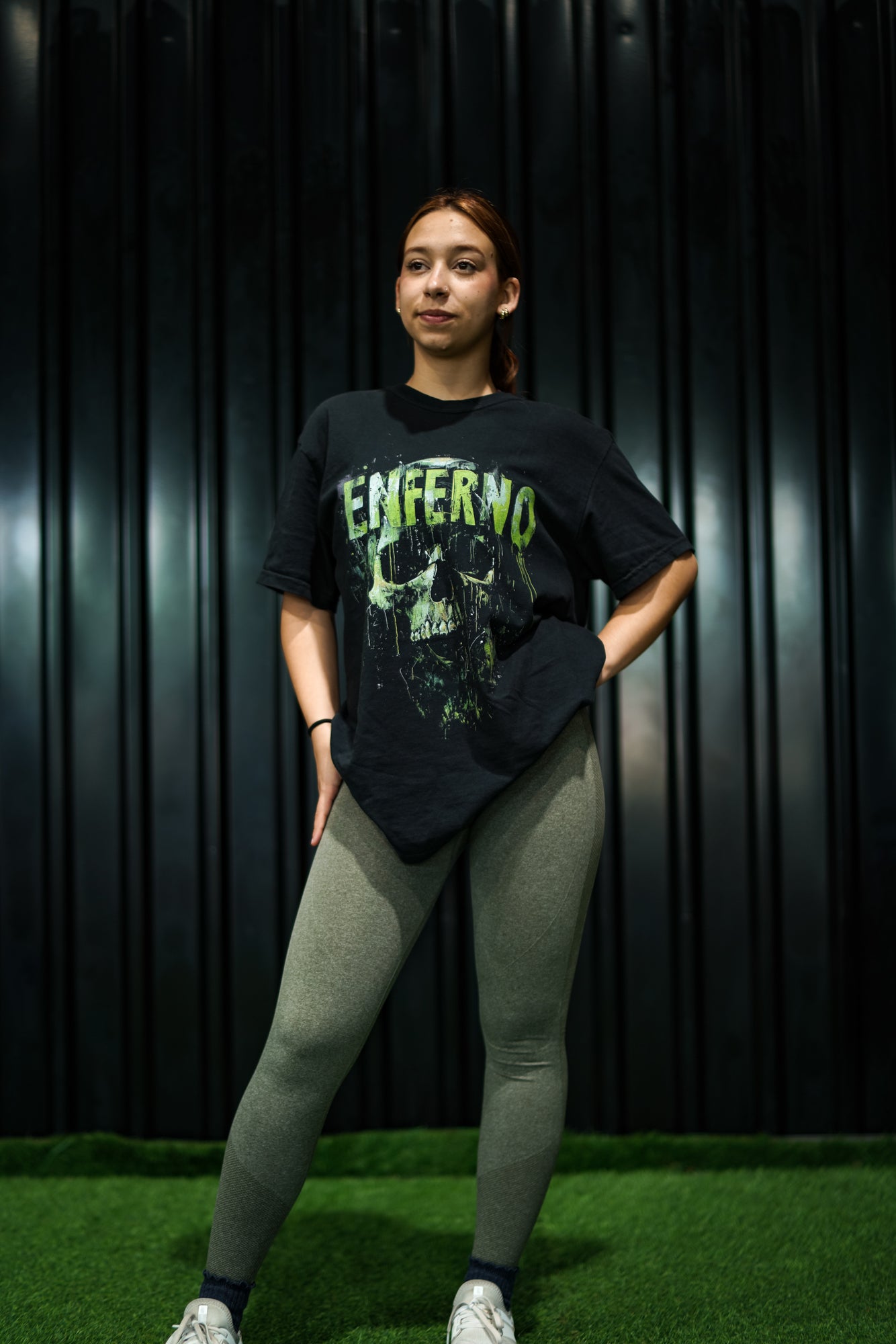 Enferno Emerald Skull Tee in Black on model Madelyn.