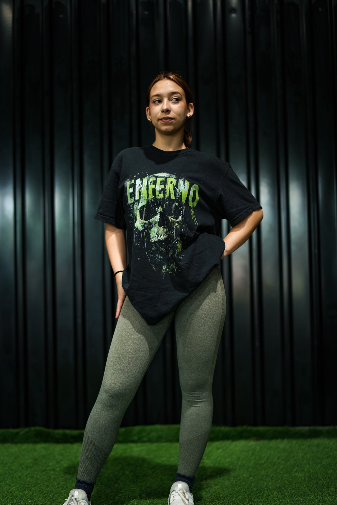 Enferno Emerald Skull Tee in Black on model Madelyn.