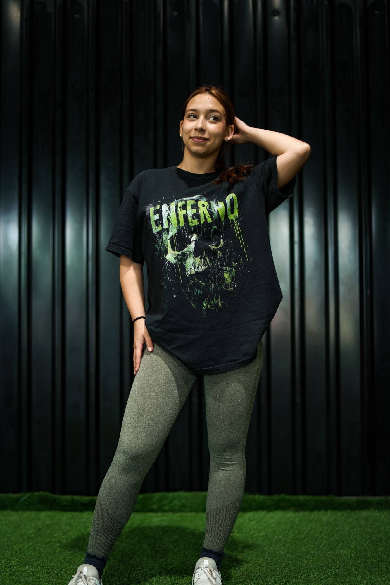 Enferno Emerald Skull Tee in Black on model Madelyn.