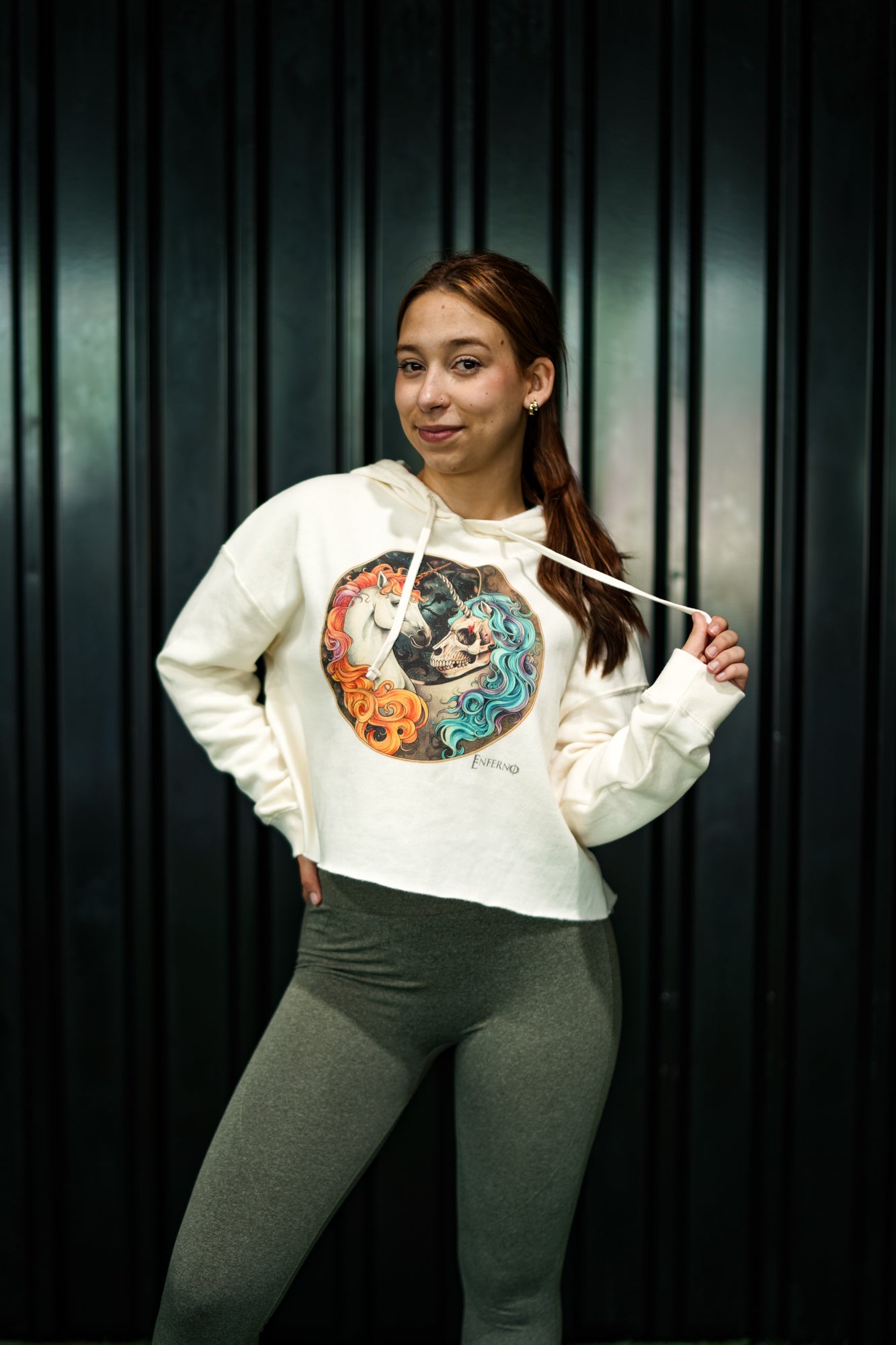 Enferno Yin-Yang Unicorn Crop Hoodie in Bone on model Madelyn.
