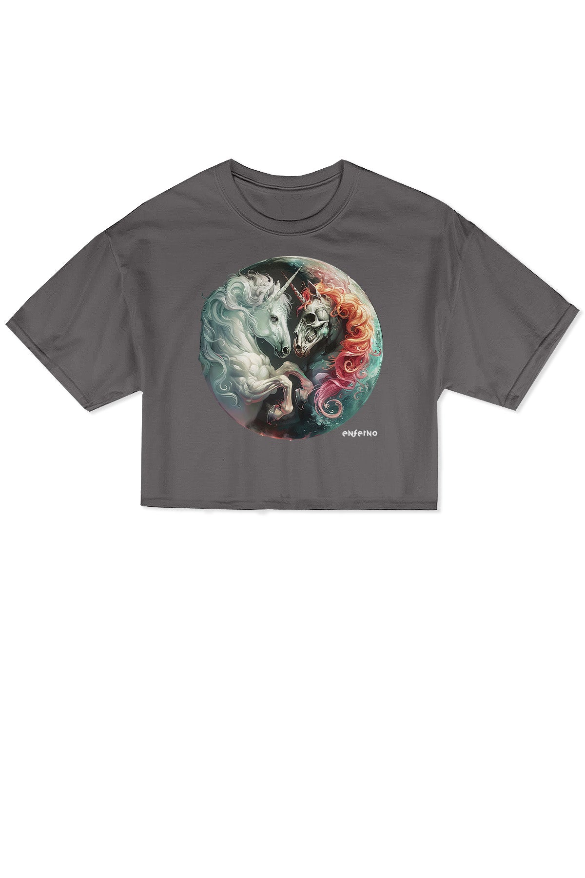 Enferno Duality Unicorn Crop Tee in Coal.