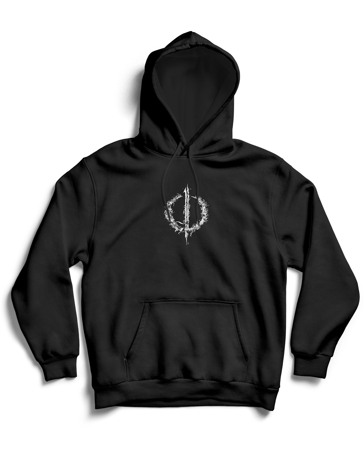 Front Logo of Enferno Back Repeat Hoodie in Black.